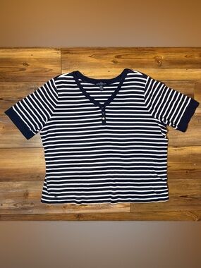 Lauren Ralph Lauren 2X Striped Henley Top Navy White Plus Size Cotton